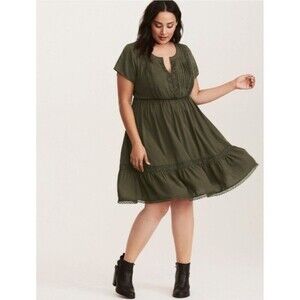 Torrid Lace Inset Challis Dress Olive Green Boho Ruffle Sz 1 =   Sz 8  NWT